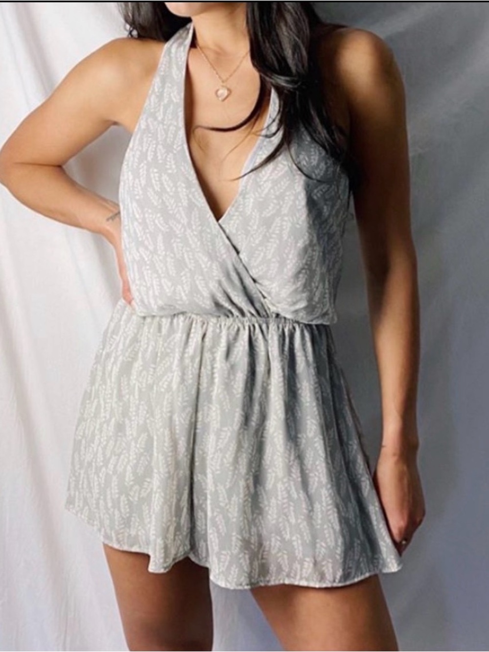 Final Touch Grey Halter Romper with White Leaf Print